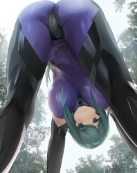 Rule 34 | 1girl, ass, bent over, blush, bodysuit, breasts, cameltoe, cloud, cloudy sky, commission, covered erect nipples, cureecoolan, fortified suit, from below, green eyes, green hair, kazama touko, large breasts, long hair, looking at viewer, muv-luv, muv-luv alternative, parted bangs, pilot suit, skeb commission, skin tight, sky, smile, solo, tree