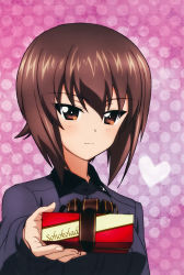 Rule 34 | 10s, 1girl, brown eyes, brown hair, gift, girls und panzer, grey shirt, highres, nishizumi maho, official art, patterned background, pink background, ribbon, school uniform, shirt, short hair, solo, valentine