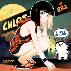 Rule 34 | 1girl, black hair, blue eyes, blush stickers, chloe (srgrafo), english text, original, sandals, speech bubble, srgrafo