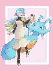 Rule 34 | 1girl, :d, alternate costume, black pantyhose, blue eyes, blue hair, border, clair (pokemon), commentary request, creatures (company), dress, earrings, game freak, gen 2 pokemon, green jacket, hand up, highres, holding, holding poke ball, jacket, jacket on shoulders, jewelry, kingdra, long hair, nintendo, open mouth, pantyhose, pink border, poke ball, poke ball (basic), pokemon, pokemon (creature), pokemon hgss, ponytail, rising147, shoes, smile, twitter username