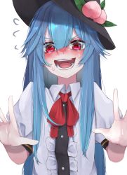 Rule 34 | 1girl, black hat, blue hair, blush, food, fruit, hat, highres, hinanawi tenshi, looking at viewer, open mouth, peach, puffy short sleeves, puffy sleeves, red eyes, red neckwear, red ribbon, ribbon, short sleeves, simple background, smile, solo, sweatdrop, teeth, touhou, tsune (tune), white background