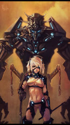 Rule 34 | 10s, 1girl, 2011, blonde hair, bodysuit, breasts, covered navel, cowboy shot, cyborg, dual wielding, eyepatch, headgear, height difference, highres, holding, katana, mecha, mechanical arms, neon trim, original, planted, planted sword, planted weapon, revealing clothes, robot, signature, single mechanical arm, sunflower204, sword, two side up, weapon, yellow eyes