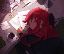 Rule 34 | 1girl, bandage over one eye, black jacket, black ribbon, book, closed eyes, coffee, commentary request, desk, hair ribbon, jacket, limbus company, long hair, long sleeves, nonga, paper, paper stack, parted lips, pink hair, project moon, ribbon, sleeping, solo, yuri (project moon)