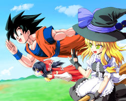 Rule 34 | 1boy, 2girls, alternate eye color, apron, ascot, bare shoulders, black eyes, black hair, blonde hair, blue eyes, blue sky, bow, braid, broom, broom riding, crossover, day, detached sleeves, dragon ball, dress, flying, gloves, gohei, grass, green eyes, hair bow, hair ornament, hair tubes, hakurei reimu, hat, hat bow, kamishima kanon, kirisame marisa, long hair, mountain, multicolored eyes, multiple girls, muscular, nature, ofuda, open mouth, ponytail, puffy sleeves, purple eyes, shoes, short hair, short sleeves, side braid, skirt, sky, son goku, touhou, wide sleeves, witch hat, wristband