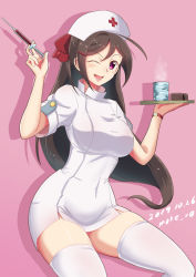 Rule 34 | 1girl, alternate costume, blush, bow, breasts, brown hair, cross, dress, hair bow, hair ornament, hat, holding, holding syringe, kantai collection, large breasts, long hair, looking at viewer, mamiya (kancolle), moke ro, nurse, nurse cap, one eye closed, open mouth, purple background, red bow, red cross, shadow, short dress, short sleeves, simple background, smile, solo, syringe, thighhighs, thighs, watch, white thighhighs