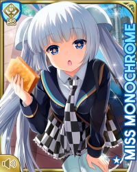 Rule 34 | 1girl, :o, blue eyes, blue jacket, blunt bangs, bread slice, card, character name, checker pattern, day, food, girlfriend (kari), indoors, jacket, miss monochrome, miss monochrome (character), necktie, official art, open mouth, qp:flapper, school uniform, shirt, skirt, solo, standing, tagme, thighhighs, toast, twintails, white footwear, white hair, white shirt