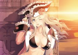 Rule 34 | 1girl, bikini, black bikini, blue eyes, breasts, breasts apart, brown hair, coat, collarbone, flower, frills, hands on headwear, hat, highres, looking at viewer, navel, official art, one eye closed, open clothes, open mouth, pirate, pirate hat, pointing, pointing up, rose, runes, shadow, shining (series), shining ark, skull and crossbones, smile, solo, sunset, swimsuit, tony taka, velvet batrass