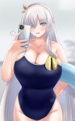Rule 34 | 1girl, anastasia (fate), bare shoulders, blue eyes, blue one-piece swimsuit, blush, breasts, cellphone, cleavage, collarbone, fate/grand order, fate (series), gachou, hair over one eye, hairband, highleg, highleg swimsuit, highres, huge breasts, innertube, long hair, looking at viewer, one-piece swimsuit, open mouth, phone, silver hair, smile, solo, swim ring, swimsuit, thighs