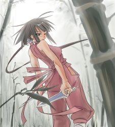 Rule 34 | 00s, 1girl, ahoge, baggy pants, bamboo, bamboo forest, cowboy shot, dagger, dual wielding, forest, green hair, hair ribbon, hip vent, holding, knife, long hair, looking back, low ponytail, mahou sensei negima!, maru take, md5 mismatch, nagase kaede, nature, ninja, one eye closed, pants, ribbon, solo, weapon