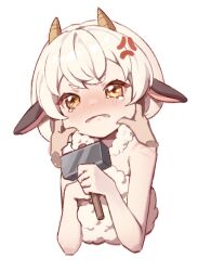 Rule 34 | 1girl, 1other, anger vein, animal ears, bare shoulders, blush, brown eyes, cheek pinching, cropped torso, disembodied hand, eyebrows hidden by hair, hammer, holding, holding hammer, horns, konbu (hida123), lamball, looking at viewer, nose blush, palworld, personification, pinching, sheep ears, sheep girl, sheep horns, simple background, solo focus, tears, thick eyebrows, upper body, white background, white hair