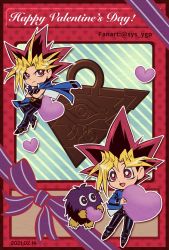 Rule 34 | 2boys, artist name, blonde hair, blue jacket, card (medium), closed mouth, commentary, dated, duel monster, dyed bangs, happy valentine, heart, highres, holding, jacket, kuriboh, male focus, millennium puzzle, multicolored hair, multiple boys, muto yugi, outline, pants, purple ribbon, ribbon, shirt, shoes, smile, soya (sys ygo), spiked hair, valentine, yami yugi, yu-gi-oh!
