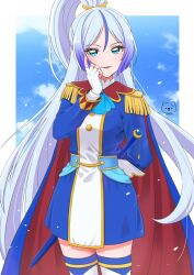 Rule 34 | 1girl, blue cape, blue eyes, blue hair, cape, epaulettes, fingerless gloves, gloves, gradient hair, grey hair, high ponytail, highres, hirogaru sky! precure, long hair, moro precure, multicolored hair, pink eyes, precure, red cape, shalala (precure), solo, streaked hair, thighhighs, two-sided cape, two-sided fabric, uniform, very long hair, white gloves