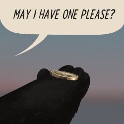 Rule 34 | black fur, coin, commentary, creature, english commentary, english text, hand focus, highres, no humans, original, outdoors, speech bubble, zevania