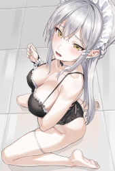 Rule 34 | 1girl, bare shoulders, barefoot, black camisole, black panties, blush, breasts, camisole, cleavage, collarbone, grey hair, highres, kfr, large breasts, long hair, looking at viewer, maid headdress, open mouth, original, panties, sidelocks, sitting, solo, underwear, wariza, yellow eyes