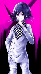 Rule 34 | 1boy, black background, buttons, checkered clothes, checkered neckwear, checkered scarf, commentary request, cowboy shot, danchu (danchu0628), danganronpa (series), danganronpa v3: killing harmony, double-breasted, hair between eyes, hand in pocket, hand up, highres, index finger raised, jacket, long arms, long sleeves, looking at viewer, male focus, oma kokichi, pants, pink background, purple eyes, purple hair, scarf, short hair, smile, solo, standing, straitjacket, white jacket