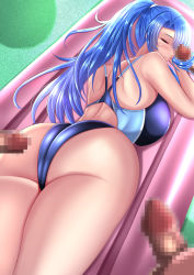 Rule 34 | 1girl, absurdres, ass, ass focus, bare legs, blue hair, blush, breasts, closed eyes, competition swimsuit, curvy, hairjob, hetero, high ponytail, highleg, highleg swimsuit, highres, hime cut, huge ass, imminent rape, kanna (minamozuki), large breasts, long hair, lying, on stomach, one-piece swimsuit, penis, ponytail, shiny skin, sleeping, swimsuit, taimanin (series), taimanin asagi, taimanin murasaki, very long hair, wide hips, yatsu murasaki