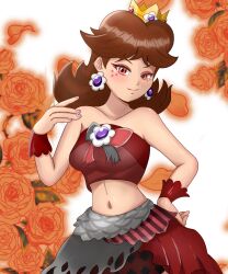 Rule 34 | 1girl, bare shoulders, breasts, brooch, crown, daisy, earrings, flower, flower earrings, hand on own hip, highres, jewelry, mario (series), medium breasts, midriff, navel, nintendo, princess daisy, red eyes, red skirt, shiny skin, skirt, smile, solo, standing, tomboy