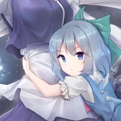 Rule 34 | 2girls, blouse, blue background, blue dress, blue eyes, blue hair, blue ribbon, bow, breasts, cirno, commentary, dress, dress shirt, eyes visible through hair, flat chest, from behind, frown, hair bow, hug, ice, ice wings, letty whiterock, looking at viewer, medium breasts, minust, multiple girls, out of frame, puffy short sleeves, puffy sleeves, purple shirt, purple skirt, red bow, red ribbon, ribbon, shirt, short hair, short sleeves, simple background, skirt, snowflakes, touhou, white shirt, wings