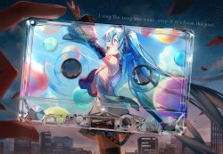 Rule 34 | 1girl, 1other, :d, arm up, autumn leaves, balloon, bare shoulders, black skirt, black sleeves, black thighhighs, blue eyes, blue hair, blue nails, blue necktie, blue sky, building, cassette tape, cloud, commentary request, detached sleeves, grey shirt, hand up, hatsune miku, highres, long hair, long sleeves, nail polish, necktie, night, night sky, open mouth, pleated skirt, profile, saihate (d3), shirt, skirt, sky, skyscraper, sleeveless, sleeveless shirt, smile, solo focus, star (sky), starry sky, thighhighs, tie clip, twintails, very long hair, vocaloid, wide sleeves
