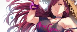 Rule 34 | 1girl, armpits, artist request, bracelet, breasts, character request, cropped image, earrings, hat, hat grab, hecatia lapislazuli, jewelry, large breasts, long hair, non-web source, open mouth, planet, red eyes, red hair, scathach (fate), smile, source request, straw hat, teeth, third-party edit, touhou, white background