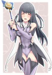 Rule 34 | 1girl, aga marino, alternate costume, bad id, bad pixiv id, black hair, breasts, closed eyes, cosplay, covered navel, detached sleeves, fate/kaleid liner prisma illya, fate (series), feather hair ornament, feathers, fusou (kancolle), hair ornament, holding, holding wand, kaleidostick, kantai collection, leotard, long hair, magical girl, magical sapphire, medium breasts, miyu edelfelt, miyu edelfelt (cosplay), open mouth, purple leotard, purple thighhighs, solo, thighhighs, two side up, wand