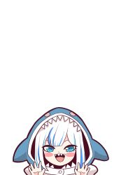 Rule 34 | 1girl, animal hood, blue eyes, blue hair, blush stickers, dice coffeedox, gawr gura, gawr gura (1st costume), hands up, highres, hololive, hololive english, hood, multicolored hair, open mouth, shadow, shark hood, sharp teeth, simple background, smile, solo, streaked hair, teeth, upper body, virtual youtuber, white background, white hair