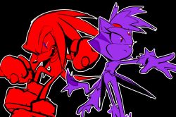 Rule 34 | 1boy, 1girl, animal ears, black background, blaze the cat, cat ears, cat tail, closed mouth, eyelashes, forehead jewel, gloves, highres, knuckles the echidna, looking to the side, miijiu, open mouth, outline, purple eyes, red eyes, sharp teeth, sonic (series), tail, teeth