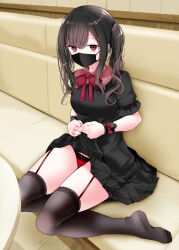 Rule 34 | 1girl, @ @, black dress, black hair, black thighhighs, bow, bowtie, breasts, brown eyes, clothes lift, dress, dress lift, feet, fine fabric emphasis, frilled sleeves, frills, full body, garter straps, highres, indoors, legs, lifted by self, long hair, looking at viewer, mask, medium breasts, mouth mask, no shoes, oouso, original, panties, puffy short sleeves, puffy sleeves, red panties, ringed eyes, short sleeves, sitting, soles, solo, thighhighs, thighs, toes, twintails, underwear, wariza