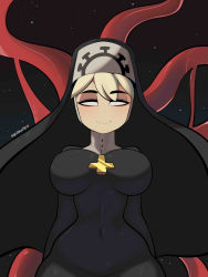 Rule 34 | 1girl, black background, blank eyes, blonde hair, breasts, covered navel, cross, cross necklace, double (skullgirls), facing viewer, habit, highres, jewelry, large breasts, monster, narrow waist, necklace, nun, postblue98, skullgirls, smile, solo, upper body, white eyes, wide hips