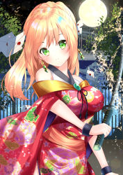 Rule 34 | 1girl, bare shoulders, blonde hair, blush, braid, breasts, building, closed mouth, commentary request, cowboy shot, earrings, envelope, fantasy, floral print, full moon, glint, green eyes, head tilt, holding, holding sword, holding weapon, japanese clothes, jewelry, katana, kimono, large breasts, long hair, looking at viewer, magic, misaki (misaki86), moon, night, obi, off shoulder, original, outdoors, plant, print kimono, railing, red kimono, sash, short sleeves, side slit, sidelocks, solo, standing, sword, tassel, weapon, wide sleeves, wrist cuffs