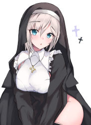 Rule 34 | 1girl, :o, absurdres, anastasia (idolmaster), black dress, blush, breasts, cross patty, deen (hnxp8555), dress, grey hair, habit, highres, idolmaster, idolmaster cinderella girls, large breasts, leotard, looking at viewer, no panties, nun, own hands together, short hair, side slit, simple background, solo, white background, white leotard
