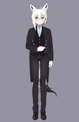 Rule 34 | 1girl, :3, ahoge, animal ear fluff, animal ears, arm at side, asymmetrical hair, black footwear, black jacket, black pants, black vest, blue necktie, braid, butler, closed mouth, crossdressing, extra ears, facing viewer, female butler, fox ears, fox girl, fox tail, full body, gloves, green eyes, grey background, highres, hololive, jacket, legs apart, long hair, long sleeves, looking at viewer, necktie, okunin, open clothes, open jacket, pants, shirakami fubuki, shirt, shoes, simple background, solo, standing, star (symbol), tail, vest, virtual youtuber, white gloves, white hair, white shirt