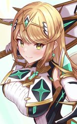 Rule 34 | 1girl, armor, blonde hair, blush, breasts, chest jewel, earrings, highres, holding, holding sword, holding weapon, jewelry, large breasts, long hair, looking at viewer, mythra (massive melee) (xenoblade), mythra (xenoblade), over shoulder, shoulder armor, smile, solo, sword, sword over shoulder, taro (peach taro51), tiara, weapon, weapon over shoulder, white background, xenoblade chronicles (series), xenoblade chronicles 2, yellow eyes