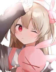 Rule 34 | &gt; &lt;, 1girl, :&lt;, apron, black jacket, blush, brown hair, closed mouth, hair ornament, hand on own head, hat, highres, holding, holding stuffed toy, jacket, long hair, natori sana, neku01n, nurse cap, off shoulder, one eye closed, pink apron, pink eyes, pink hat, rabbit hair ornament, sana channel, shirt, sidelocks, solo, stuffed animal, stuffed rabbit, stuffed toy, two side up, upper body, virtual youtuber, white shirt