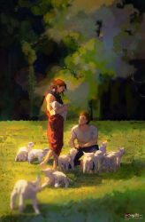 Rule 34 | 1boy, 1girl, absurdres, animal, artist name, barefoot, blue capelet, blue eyes, blue pants, blurry, brown hair, capelet, chinese commentary, closed eyes, closed mouth, day, depth of field, dress, grass, hair bun, highres, holding, holding animal, kneeling, medium hair, muscular, muscular male, original, outdoors, pants, profile, red dress, sheep, shirt, short hair, smile, standing, strapless, strapless dress, sunlight, tree, white shirt, youlili