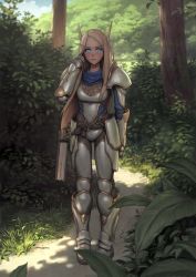 Rule 34 | 1girl, :|, absurdres, arm at side, armor, armored boots, blonde hair, blue eyes, blush, book, boots, breastplate, bush, closed mouth, cloud, commentary, commission, crotch plate, day, elf, expressionless, eyebrows, faulds, forest, full armor, full body, gauntlets, grass, greaves, tucking hair, hand in own hair, hand up, high elf, highres, huge filesize, i0525, leaf, light blush, long eyebrows, long hair, long pointy ears, looking at viewer, nature, outdoors, path, pauldrons, pigeon-toed, plant, pointy ears, road, shade, shoulder armor, solo, standing, sunlight, tree, tree shade, warcraft