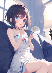 Rule 34 | 1girl, :o, bird, black hair, blue eyes, blush, collarbone, commentary request, couch, cushion, dress, eating, food, hair between eyes, hair ribbon, highres, holding, holding food, indoors, lamp, looking at viewer, macaron, open mouth, original, ribbon, short hair, sitting, sundress, white dress, window, yuna rebun