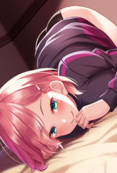 Rule 34 | 1girl, aqua eyes, ass, bed sheet, bent over, black panties, blush, commentary request, hair ornament, hairclip, half-closed eyes, huyumitsu, jacket, looking at viewer, original, panties, pink hair, smile, solo, top-down bottom-up, track jacket, track suit, underwear