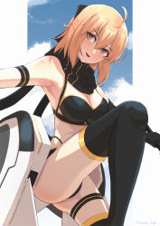 Rule 34 | 1girl, absurdres, ahoge, bare shoulders, bikini, black bikini, black bow, black gloves, black scarf, black thighhighs, blonde hair, blue sky, border, bow, breasts, cleavage, elbow gloves, fate/grand order, fate (series), gloves, hair bow, half updo, highleg, highleg bikini, highres, huge filesize, jetpack, knee up, large breasts, looking at viewer, lucyan, multi-strapped bikini, okita j. souji (fate), okita j. souji (first ascension) (fate), okita souji (fate), okita souji (koha-ace), open mouth, scarf, short hair, single glove, sky, smile, solo, swimsuit, thigh strap, thighhighs, thighs, white border, wristband, yellow eyes