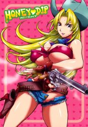 Rule 34 | 1girl, areola slip, bikini, bikini top only, blonde hair, blue eyes, bouncing breasts, breasts, covered erect nipples, denim, denim shorts, fingerless gloves, front-tie top, gloves, gun, hat, highres, holster, huge breasts, kon-kit, legs, long hair, looking at viewer, no panties, open clothes, open shorts, scarf, short shorts, shorts, simple background, smile, smoke, solo, standing, sweat, swimsuit, thighs, weapon