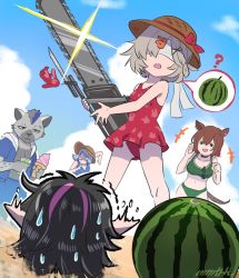 Rule 34 | +++, 2boys, 3girls, ?, alternate costume, animal ears, arknights, bayonet, beach, blindfold, buried, catapult (arknights), chainsaw, clueless, cup, disposable cup, drink, drinking straw, food, fruit, furry, furry male, hat, holding, holding chainsaw, holding drink, holding food, horse ears, horse girl, horse tail, hyena boy, ice cream, memetaroh, midnight (arknights), multiple boys, multiple girls, orchid (arknights), pointing, pointy ears, popukar (arknights), running, scared, spot (arknights), straw hat, suikawari, sun hat, sweatdrop, swimsuit, tail, watermelon, weapon