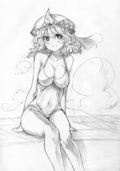 Rule 34 | 1girl, arm support, breasts, center opening, cleavage, female focus, graphite (medium), greyscale, halterneck, hat, hitodama, large breasts, legs, monochrome, one-piece swimsuit, saigyouji yuyuko, saiste, sitting, sketch, smile, solo, swimsuit, touhou, traditional media, wavy hair