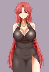Rule 34 | 1girl, alternate costume, bare shoulders, black dress, braid, breasts, chin (motio7201), china dress, chinese clothes, cleavage, collarbone, cowboy shot, dress, closed eyes, grey background, grin, highres, hong meiling, jewelry, large breasts, long hair, necklace, no panties, red hair, side slit, smile, solo, sweat, touhou, twin braids, very long hair