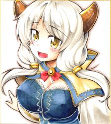 Rule 34 | 1girl, breasts, capelet, draph, fuyuzora, granblue fantasy, highres, horns, kumuyu, large breasts, marker (medium), silver hair, smile, solo, traditional media, wide sleeves, yellow eyes