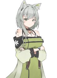 Rule 34 | 1girl, animal ear fluff, animal ears, arknights, breasts, cat ears, cat girl, cleavage, coat, collar, commentary, crossed arms, dress, english commentary, erushira, green coat, green dress, green eyes, grey hair, hair ornament, highres, kal&#039;tsit (arknights), large breasts, light blush, light smile, long sleeves, looking at viewer, material growth, off-shoulder dress, off shoulder, oripathy lesion (arknights), simple background, solo, watch, white background