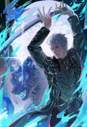 Rule 34 | 1boy, absurdres, black gloves, blue coat, blue eyes, coat, devil may cry (series), devil may cry 5, fingerless gloves, gloves, hair slicked back, highres, holding, holding weapon, katana, male focus, solo, sword, vergil (devil may cry), weapon, white hair, yamato (sword)