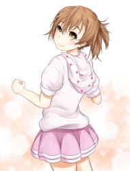 Rule 34 | 1girl, alternate hairstyle, bare arms, blush, brown eyes, brown hair, casual, closed mouth, commentary request, cowboy shot, dot nose, from behind, hair ornament, highres, hood, hood down, hoodie, looking at viewer, medium hair, miniskirt, misaka mikoto, pink skirt, pleated skirt, ponytail, shin (highest1192), short sleeves, skirt, smile, solo, toaru majutsu no index, toaru majutsu no index: new testament, white hoodie