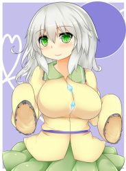 Rule 34 | 1girl, blush, breasts, female focus, green hair, komeiji koishi, large breasts, looking at viewer, md5 mismatch, miniskirt, no headwear, resolution mismatch, silver hair, simple background, skirt, sleeves past wrists, smile, solo, source larger, symbol-shaped pupils, touhou, us2s