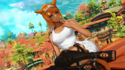 Rule 34 | 1girl, absurdres, animal ears, arm tattoo, warrior of light (ff14), black nails, blue eyes, boots, building, cat ears, cat tail, circlet, commission, dark-skinned female, dark skin, day, dress, facial mark, final fantasy, final fantasy xiv, freckles, highres, jewelry, long hair, looking at viewer, miqo&#039;te, nail polish, outdoors, pendant, pixiv commission, ponytail, red hair, sitting, sleeveless, slit pupils, solo, swept bangs, tail, tattoo, thigh boots, thighhighs, toeless footwear, whisker markings, white dress, zeri (zeristudio)