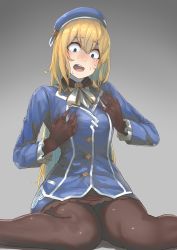 Rule 34 | 1girl, alternate breast size, ascot, atago (kancolle), beret, black gloves, blonde hair, blue eyes, blue hat, blue jacket, blush, breasts, crying, crying with eyes open, frilled sleeves, frills, gloves, gradient background, grey background, hat, highres, horrified, jacket, kantai collection, long hair, long sleeves, looking down, open mouth, pantyhose, role reversal, sidelocks, sitting, small breasts, solo, tears, teeth, uniform, uru (uru0000), wariza
